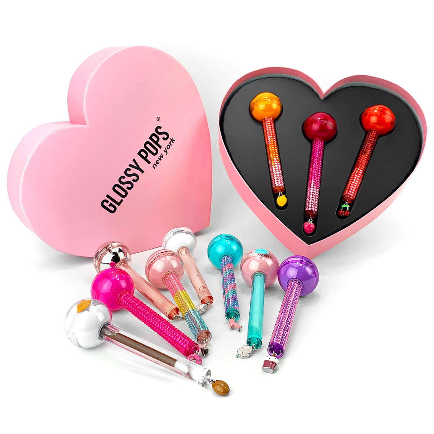 Glossy Pops -  heart shaped box - custom gift set with three lip balm and lip gloss duos